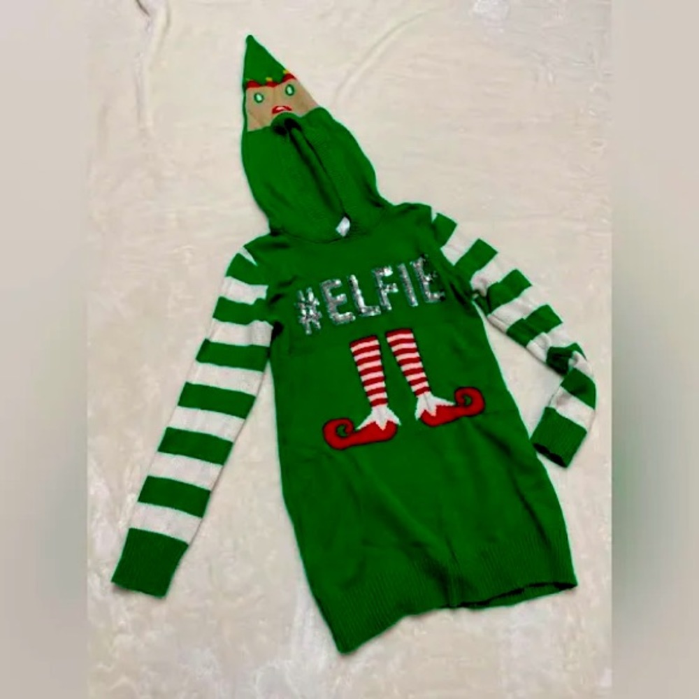 No Boundaries Women's Ugly Christmas Sweater Size M Green Elfie Hoodie